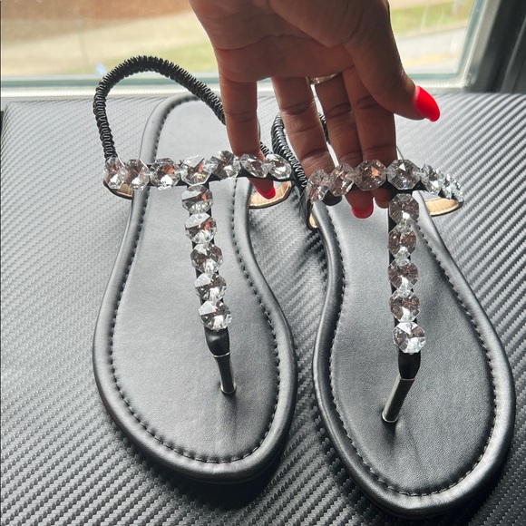NEW Black Crystal Embellished Sandals! Bohemian Rhinestone Roman Thong Flat - Picture 9 of 11